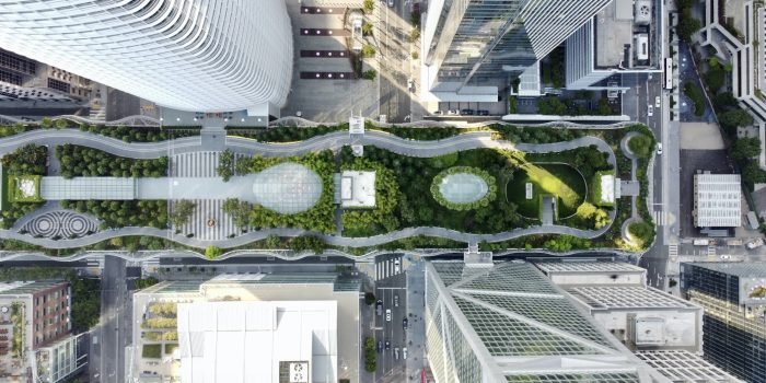 Aerial view of a modern building rooftop garden