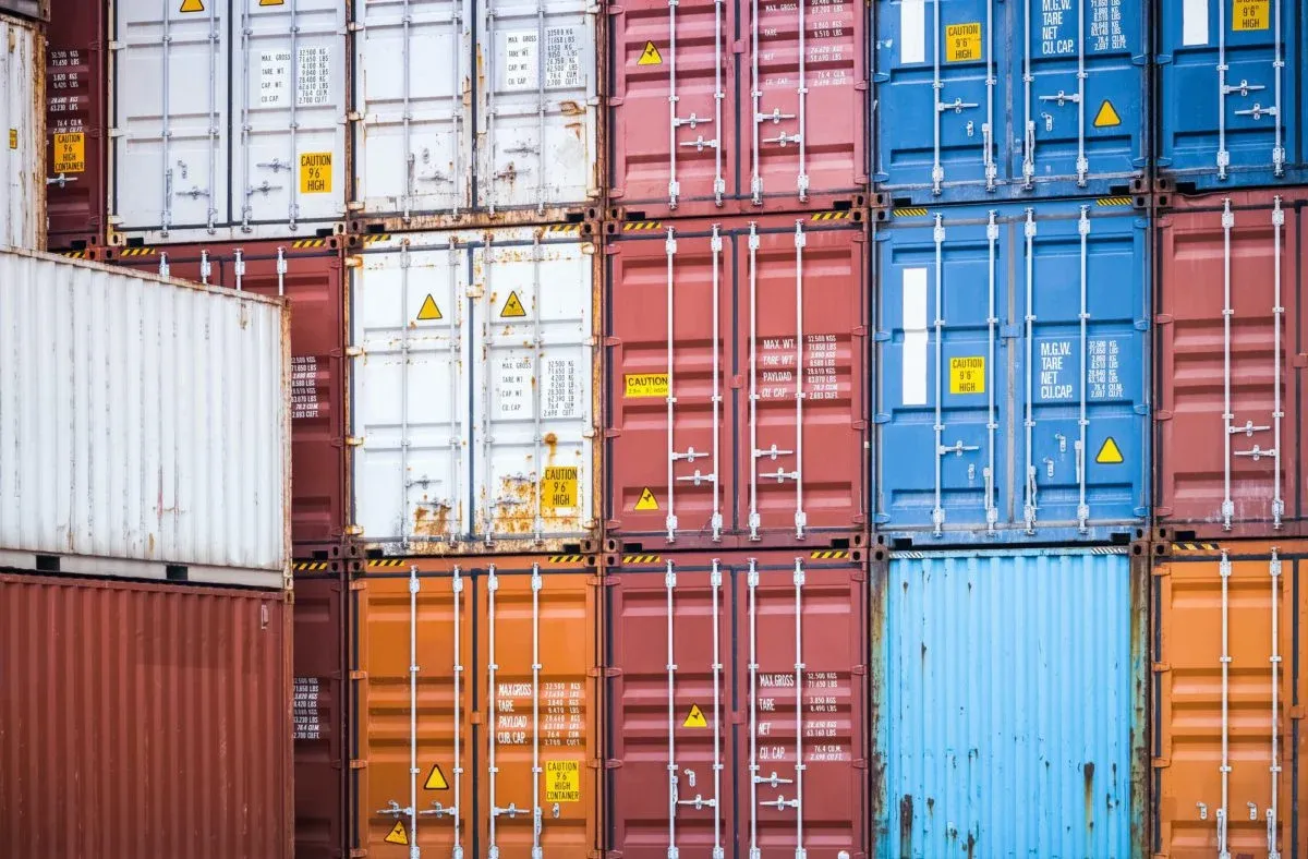 Stacked shipping containers in many colours