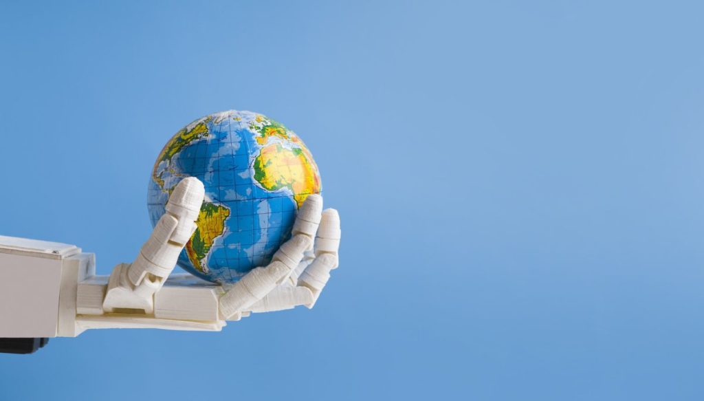 Robot holding Earth globe in hand, blue panorama background