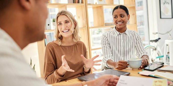 Business meeting, client presentation or b2b partnership deal of women talking in a office. Crm, co