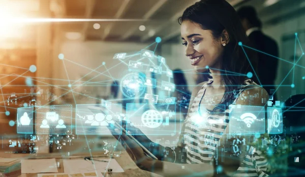 Internet, networking and digital transformation with woman and tablet for global communication, web