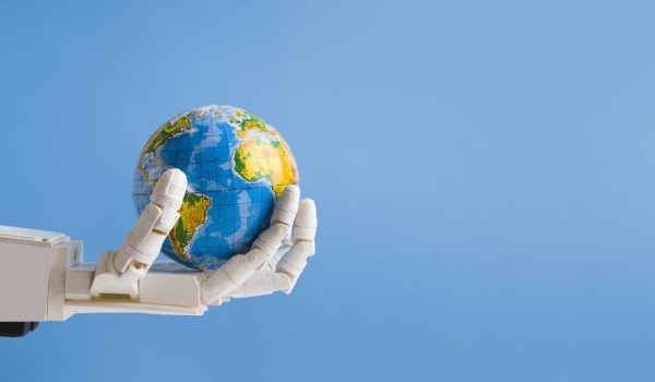 Robot holding Earth globe in hand, blue panorama background