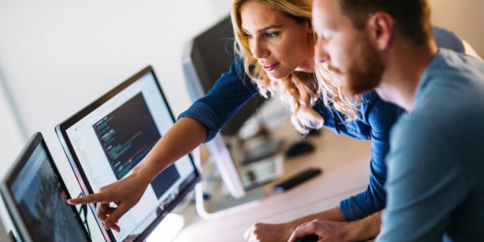 Software engineers working on project and programming in company